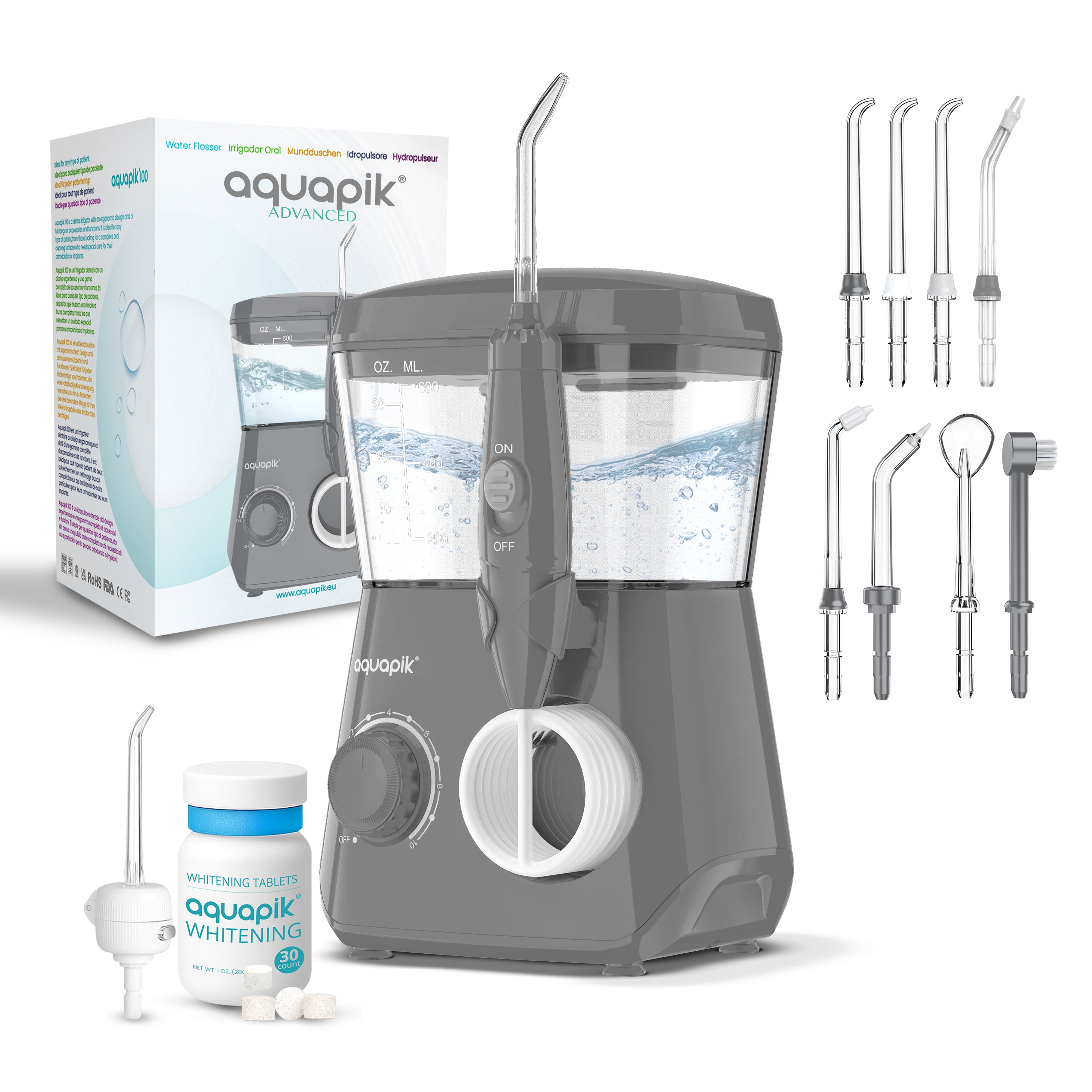 Irrigador Bucal Aquapik® ADVANCED | ideal para Ortodoncia, Implantes y Encías Sensibles | Kit Blanqueador + 9 Boquillas (incluye nasal) | 10 Niveles de Presión | Recomendado por Dentistas