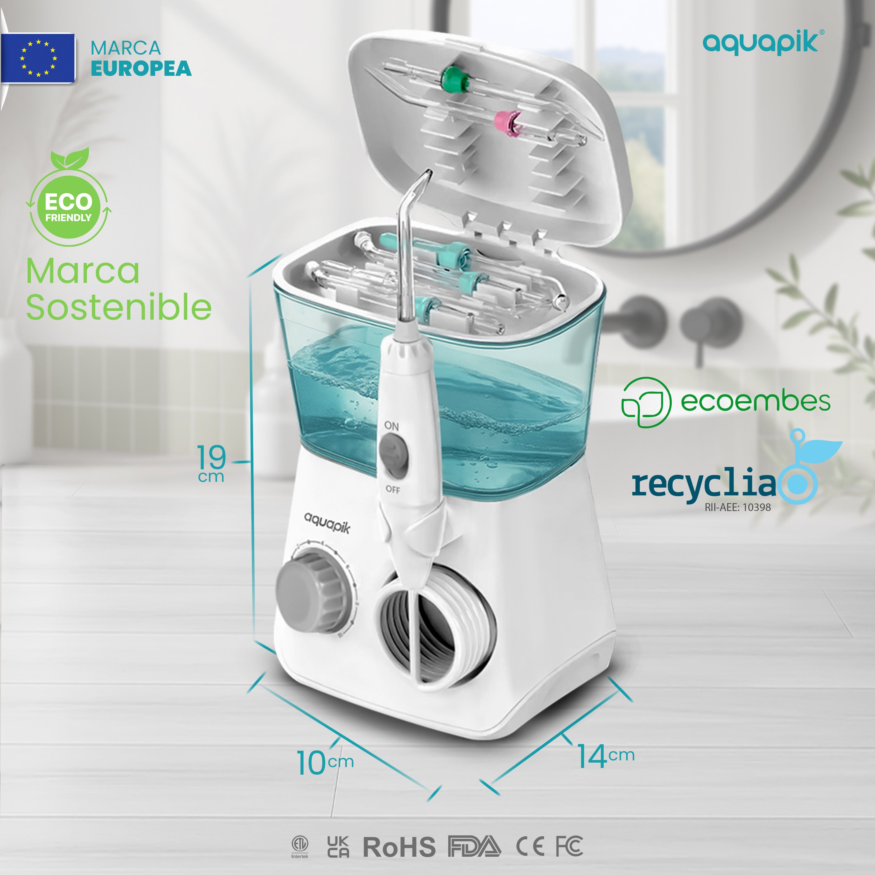 Irrigador Bucal Aquapik® ADVANCED | ideal para Ortodoncia, Implantes y Encías Sensibles | Kit Blanqueador + 9 Boquillas (incluye nasal) | 10 Niveles de Presión | Recomendado por Dentistas