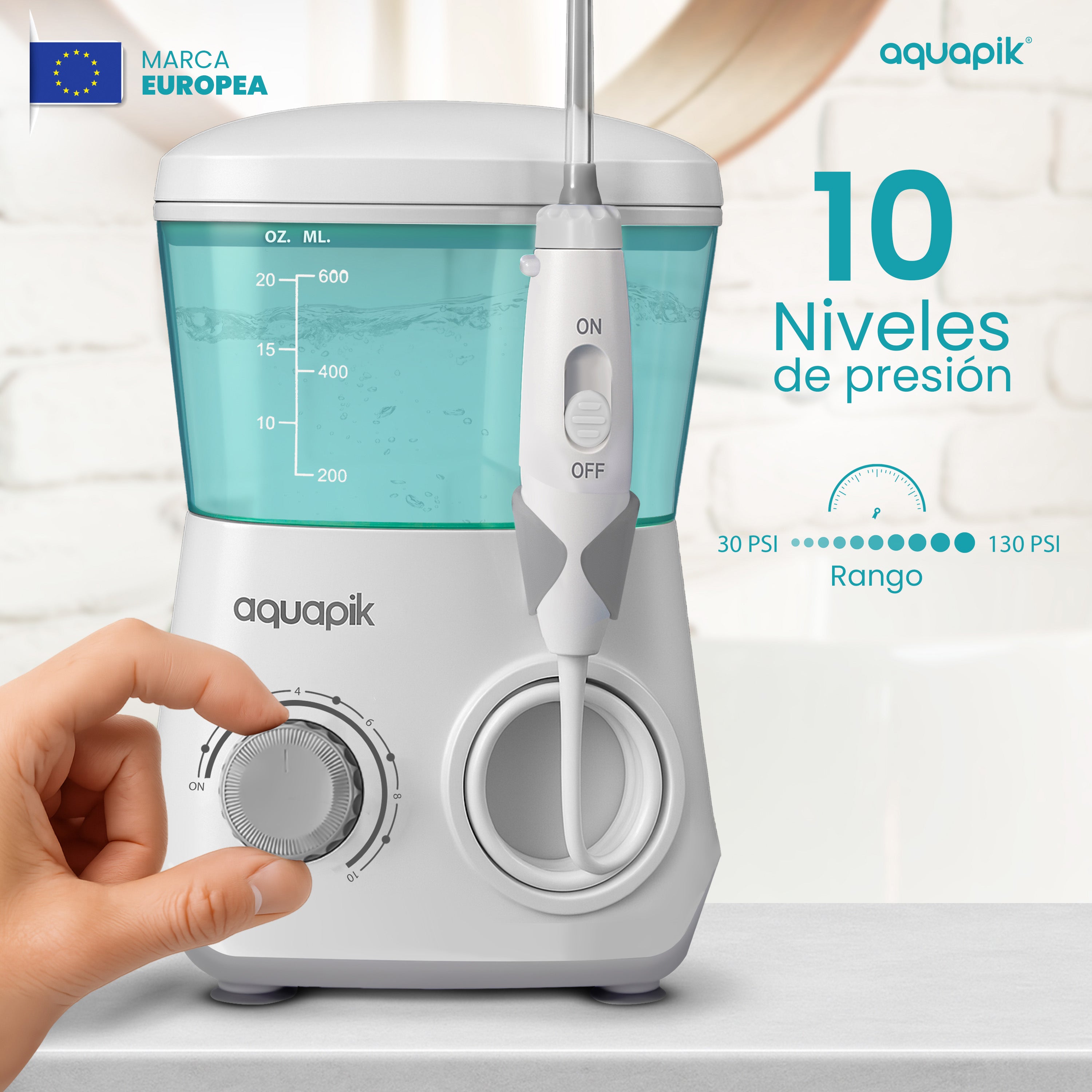 Irrigador Bucal Aquapik® ADVANCED | ideal para Ortodoncia, Implantes y Encías Sensibles | Kit Blanqueador + 9 Boquillas (incluye nasal) | 10 Niveles de Presión | Recomendado por Dentistas