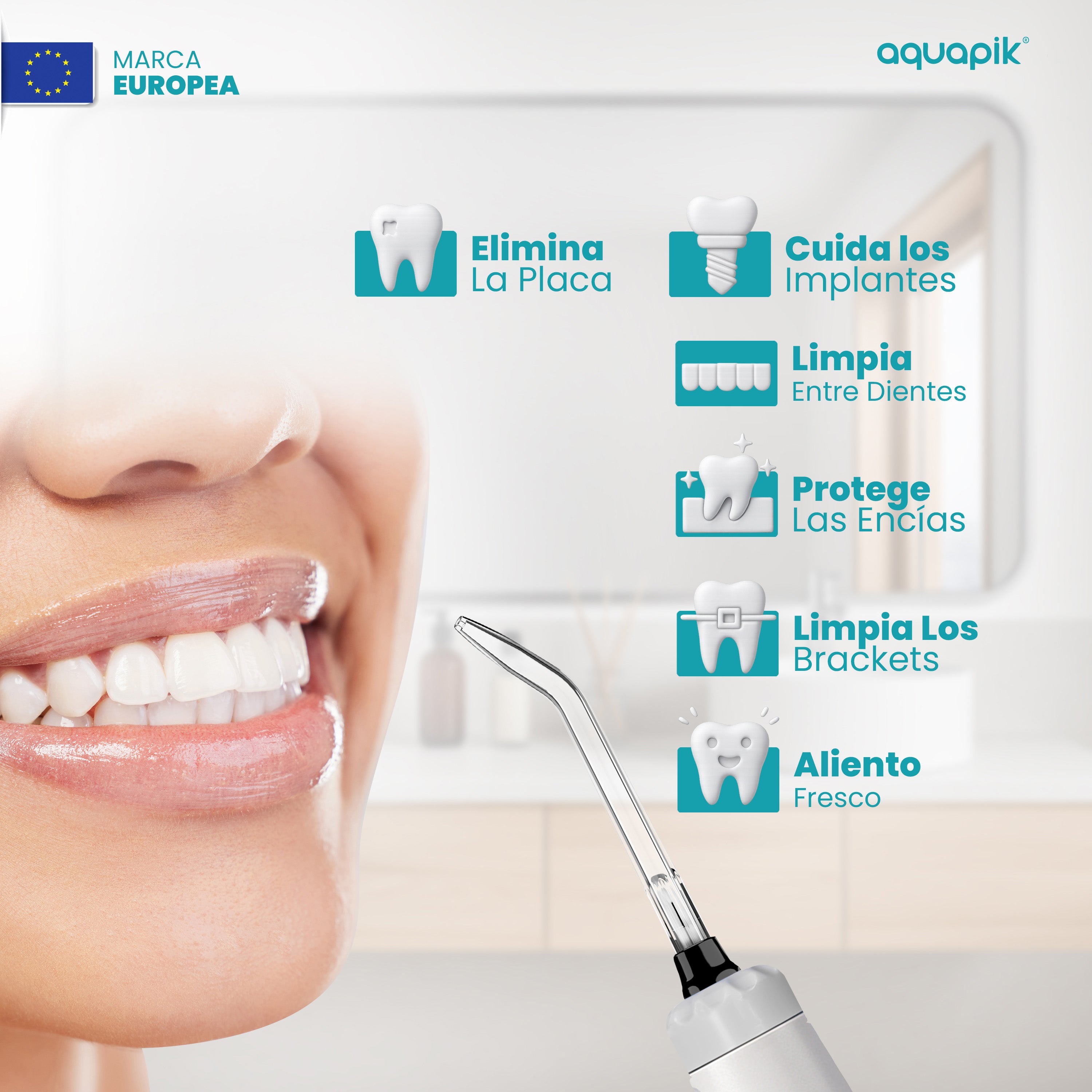 Irrigador Bucal Aquapik® ADVANCED | ideal para Ortodoncia, Implantes y Encías Sensibles | Kit Blanqueador + 9 Boquillas (incluye nasal) | 10 Niveles de Presión | Recomendado por Dentistas