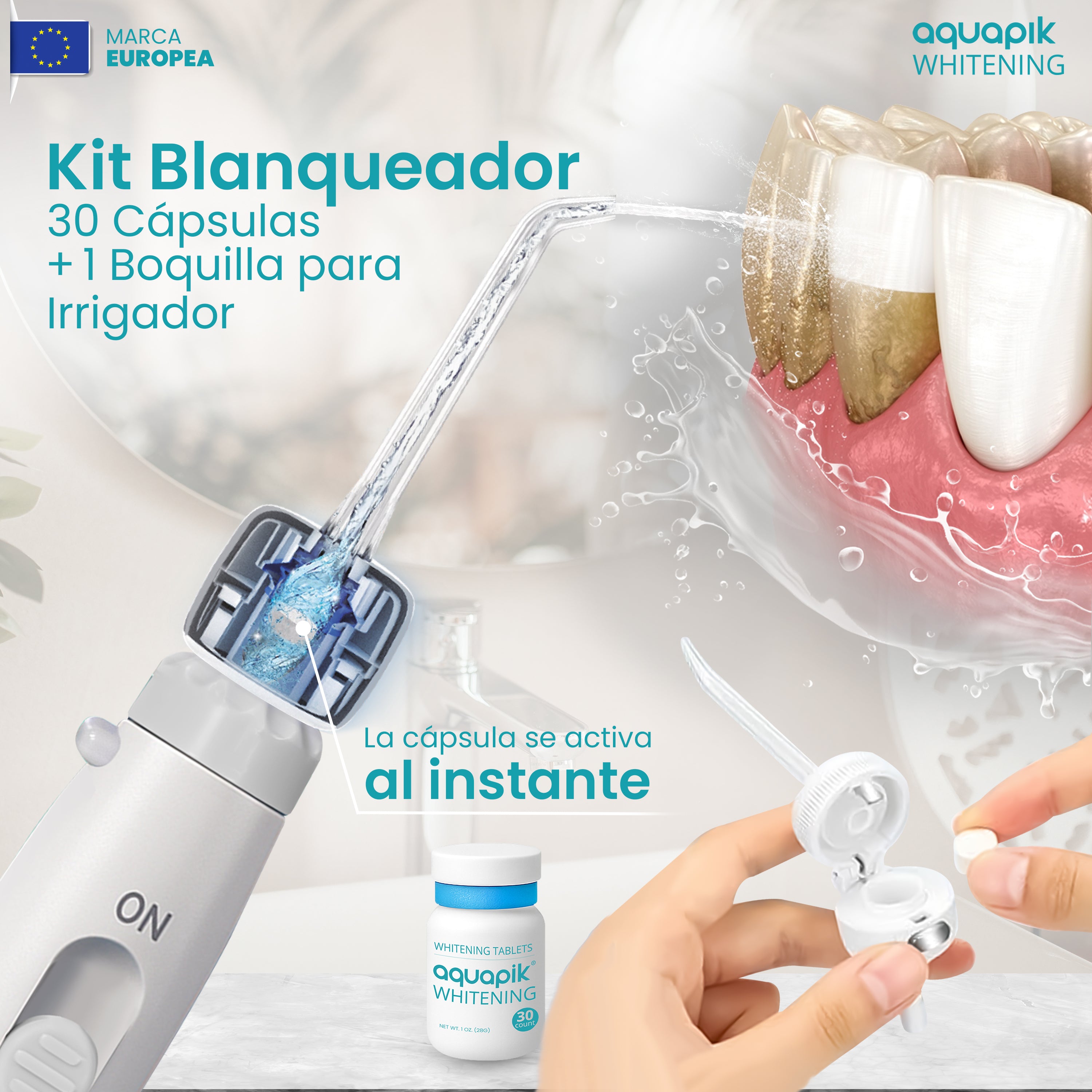 Irrigador Bucal Aquapik® ADVANCED | ideal para Ortodoncia, Implantes y Encías Sensibles | Kit Blanqueador + 9 Boquillas (incluye nasal) | 10 Niveles de Presión | Recomendado por Dentistas