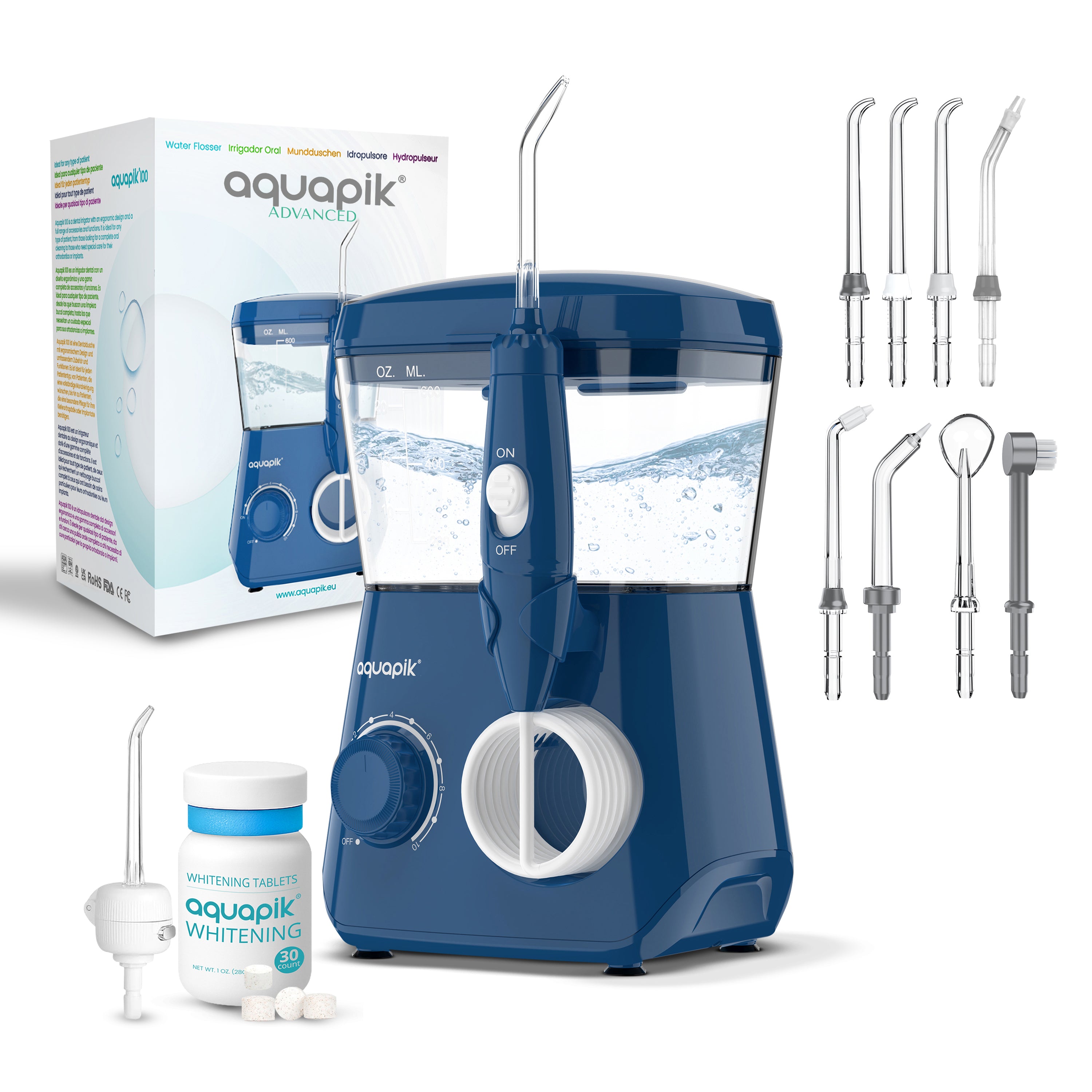 Irrigador Bucal Aquapik® ADVANCED | ideal para Ortodoncia, Implantes y Encías Sensibles | Kit Blanqueador + 9 Boquillas (incluye nasal) | 10 Niveles de Presión | Recomendado por Dentistas