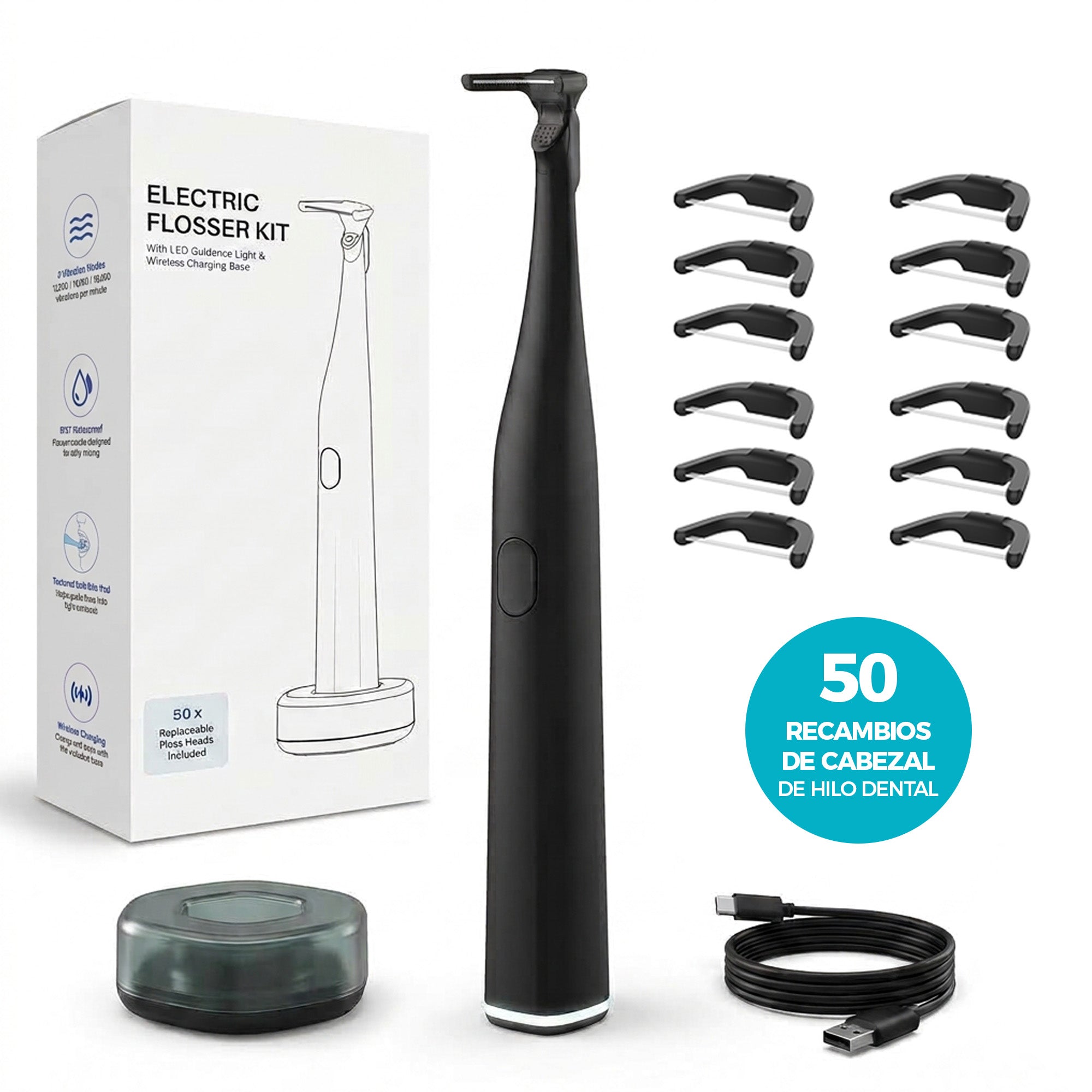Boston Tech E-FLOSS Hilo Dental Eléctrico, 50 Cabezales, IPX7, USB-C, Negro