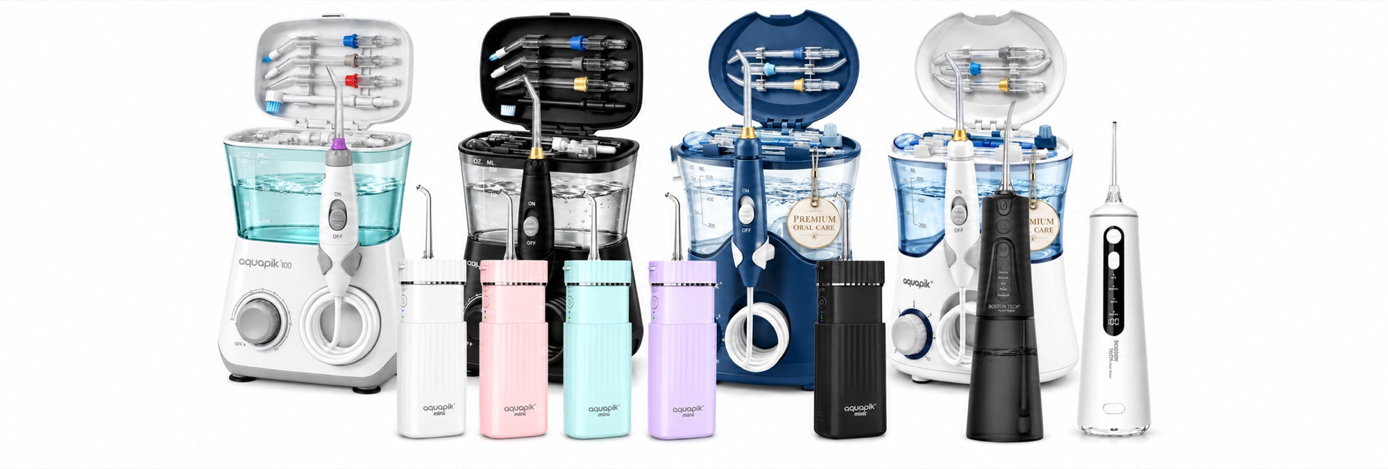 Línea completa de irrigadores dentales Aquapik: de sobremesa y portátiles, en varios colores